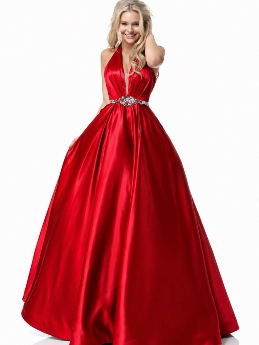 Sherri Hill Red Satin Halter Ball Gown with Embellished Waist